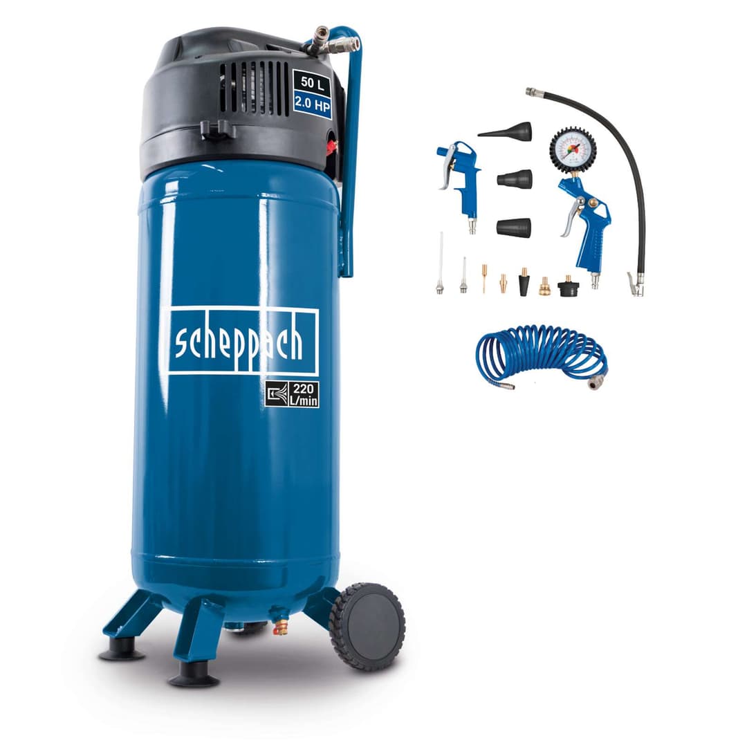 Kompressor HC51V Scheppach - 1500W | 50L Kessel | 10bar max. Arbeitsdruck | inkl. 13 tlg. Zubehörset und 8m Schlauch