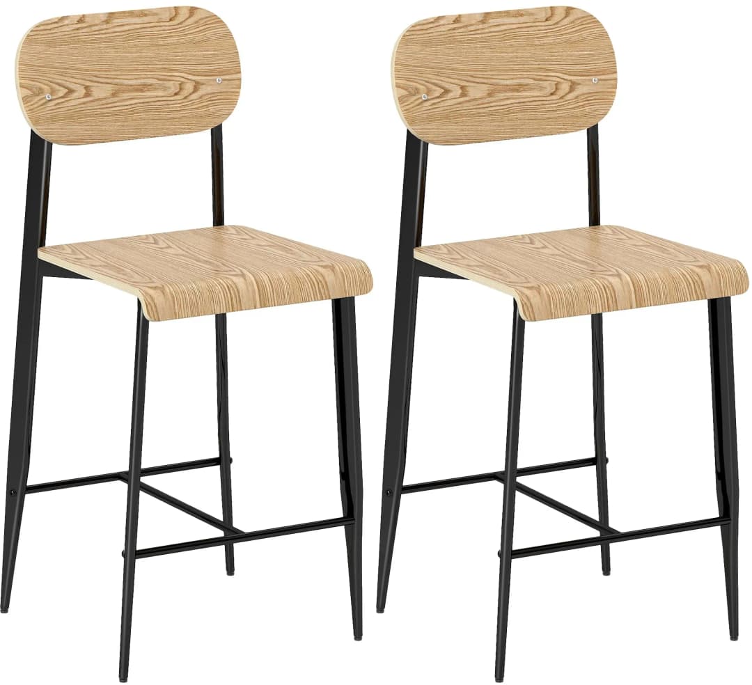 Barhocker 2er Set Metall Naturholz+Schwarz