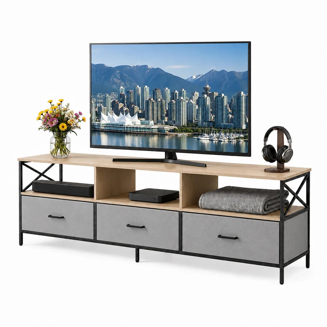 TV-Lowboard 147x50x40 cm Beige/Grau/Schwarz Metall/MDF/Holzwerkstoff