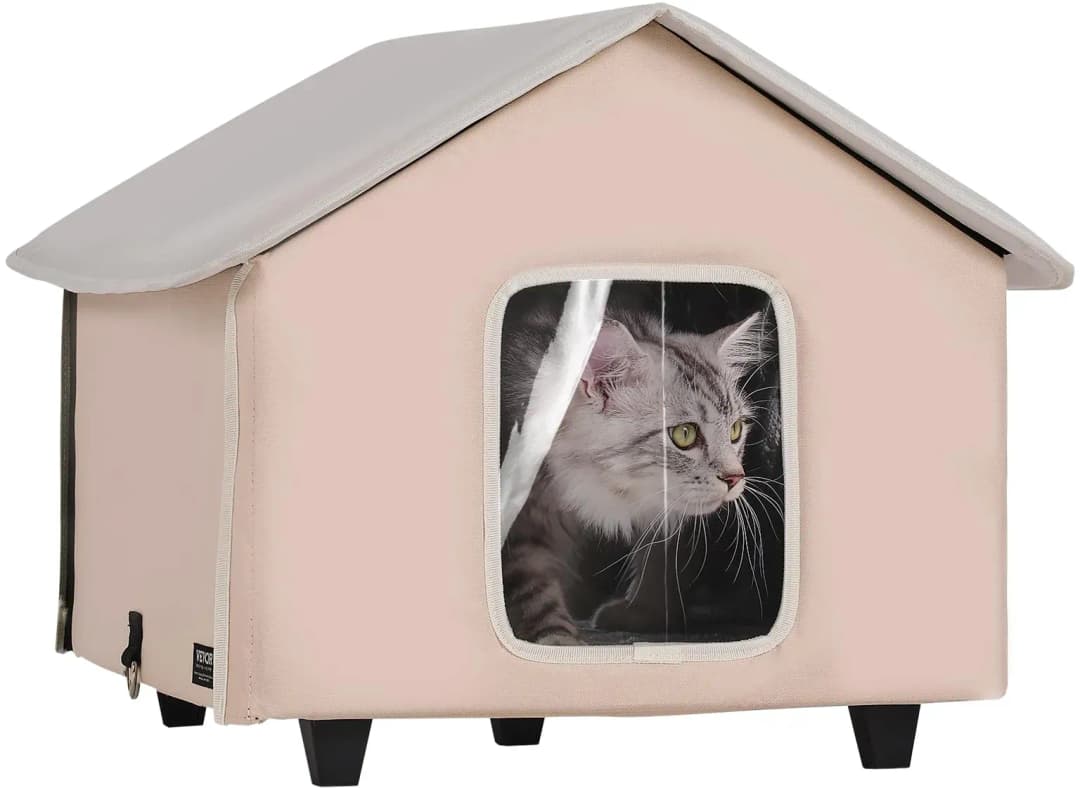 Katzenhütte 52x48x47 cm, Katzenhaus 55 W, Katzenhöhle, Katzenunterschlupf aus 600D Oxford-Gewebe mit Beheiztem Kissen, Temperaturerhöhung bis 20 °C, für den Winter,Braun (Mitte)