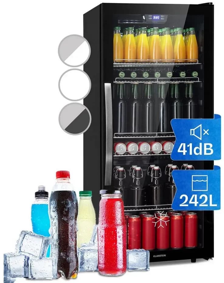 Beersafe 7XL Kühlschrank 242 Liter 5 Böden Panoramaglastür Edelstahl Schwarz