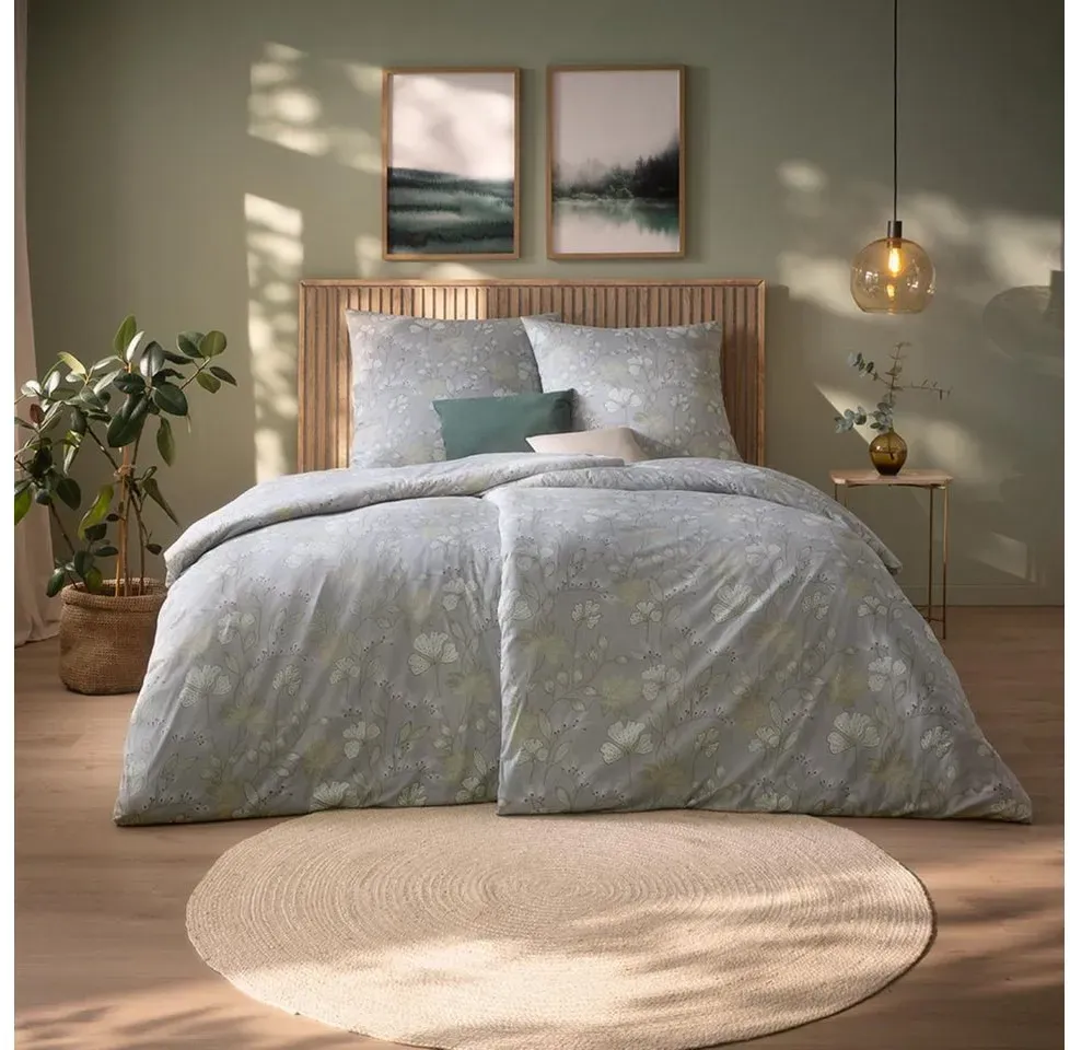 Mona Floral Baumwolle Silber 135 x 200 cm + 80 x 80 cm
