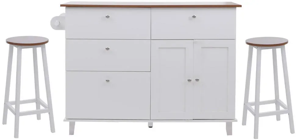 Kücheninsel MCW-P62 mit 2 Sitzhockern, Küchenschrank Schublade Staufächer MDF 90x131x47cm weiß, helles Holz