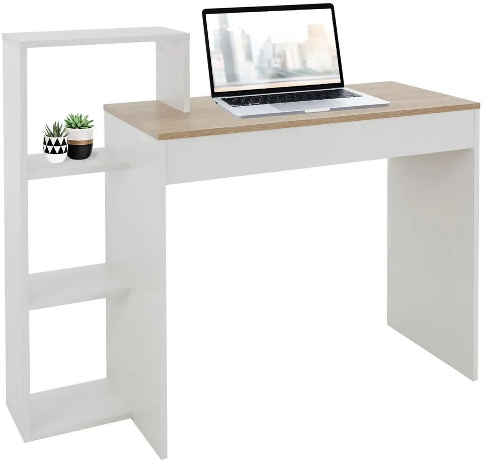 Schreibtisch mit Regal Weiß Tischplatte in Sonoma-Eiche, 3 Einlegeböden, 110x72x40 cm, Holz, 2-in-1 System für Arbeit... - Naturbelassen