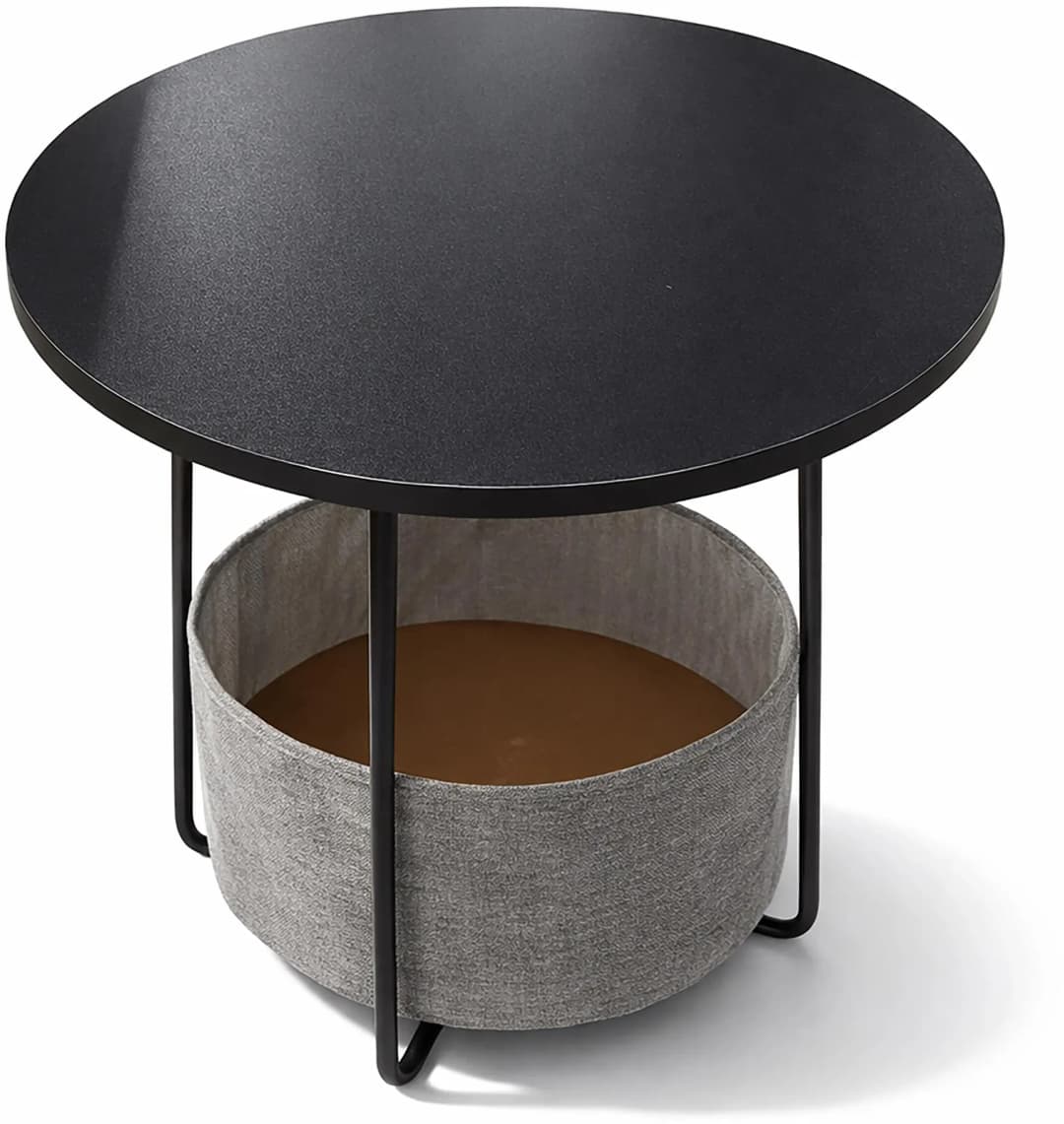 Beistelltisch, runder Couchtisch, mit Stoffkorb, HD: 50x45cm, Kaffeetisch Wohnzimmer, MDF Metall, Holzwerkstoff, Textil, 45x50x45 cm,