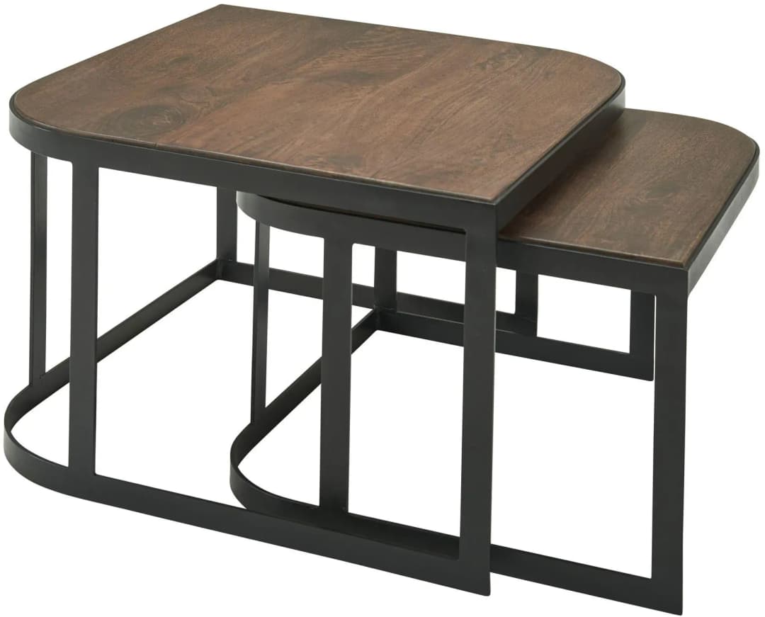 Massivholz Beistelltische TIMAVO: Industrielles Set, 60x40x60 cm & 50x35x50 cm, Mango-Massivholz, Eisen, abgerundete Ecken.
