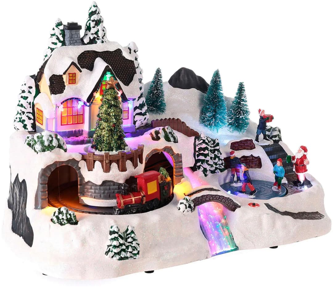 Weihnachtsdorf Zur Dekoration Mit Beweglicher Szene Und LED-Lichtern 37 x 22,5 x 25,7 cm