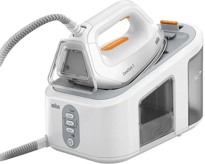 Centro de planchado - Braun CareStyle 3 IS3132WH, 2400 W, 2 l, 6 bar, 400 g/min potencia vapor, Suela FreeGlide 3D, Blanco/Gris