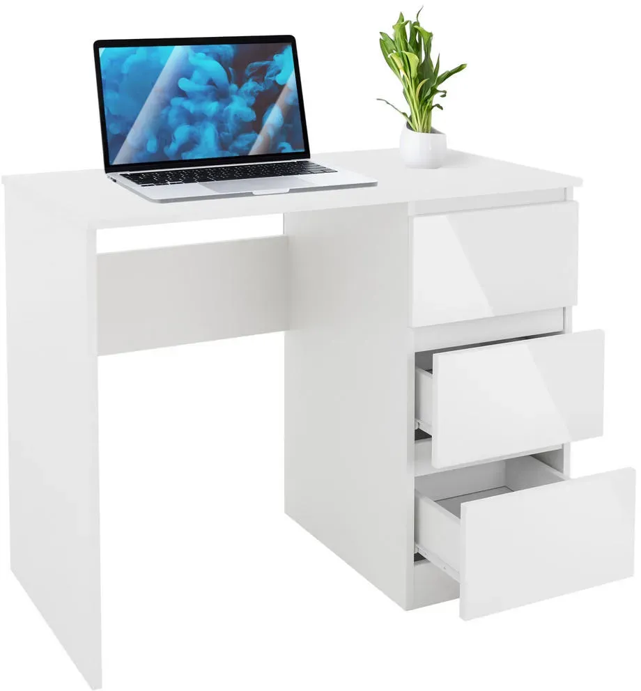 Schreibtisch mit 3 Schubladen 90x76x50 cm, Weiß Hochglanz, viel Stauraum, für Heim und Büro