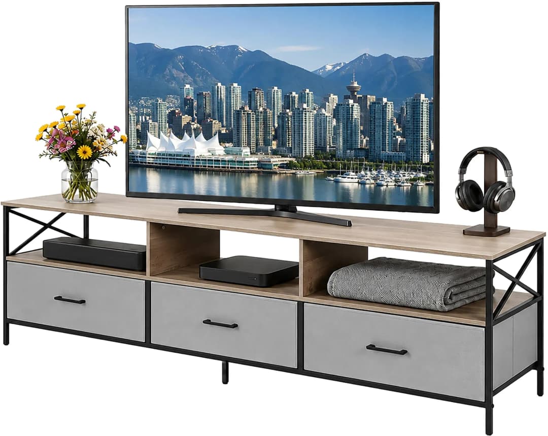 TV-Lowboard 170 cm Beige/Grau/Schwarz Metall/MDF/Holzwerkstoff