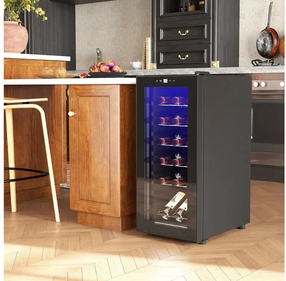 Weinkühlschrank leise, 5-18°C, Touchscreen, Beleuchtung, 34,5x45x78cm, Schwarz