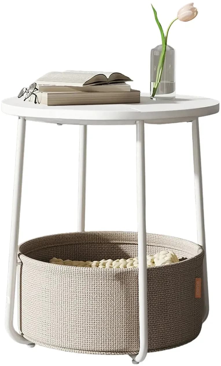 Beistelltisch Lilea mit Korb Rund Weiß-Beige