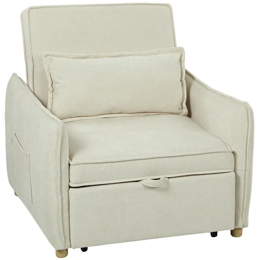 Schlafsessel 3 in 1 Chenille 84 x 87 x 88 cm Cremeweiß mit Lendenkissen