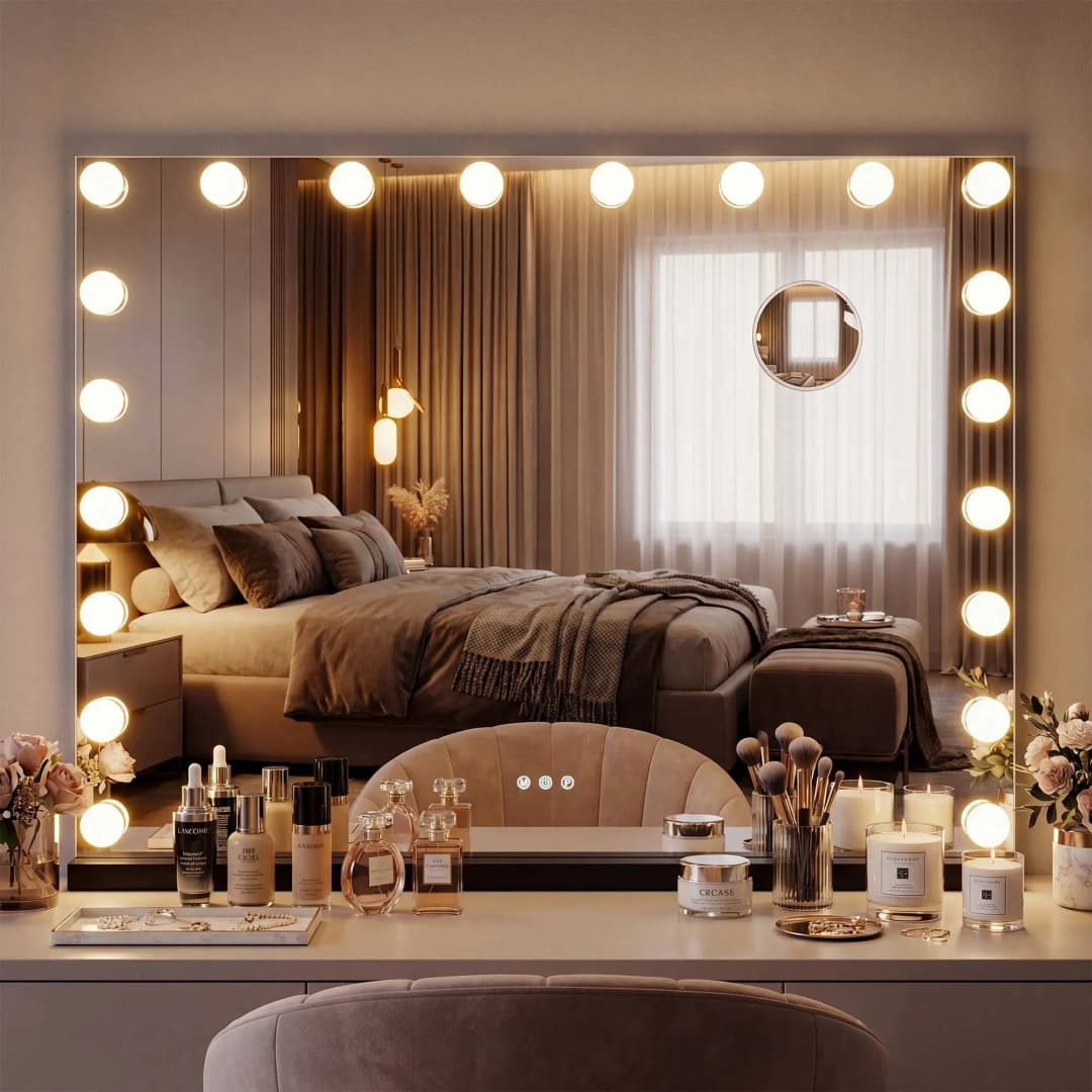 Schminkspiegel mit Beleuchtung 80x60 cm Norlina, Kosmetikspiegel Licht dimmbar 3 Modi und USB, Hollywoodspiegel Wandmontage und freistehend
