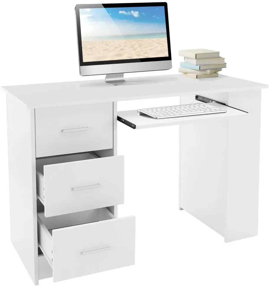 Schreibtisch mit 3 Schubladen, 3 Regale Tastaturauszug, 110x49x75 cm, Weiß, Stauraum, 3 Ablageflächen Arbeitstisch Bürotisch Computertisch Laptoptisch PC Tisch, für Heim/büro