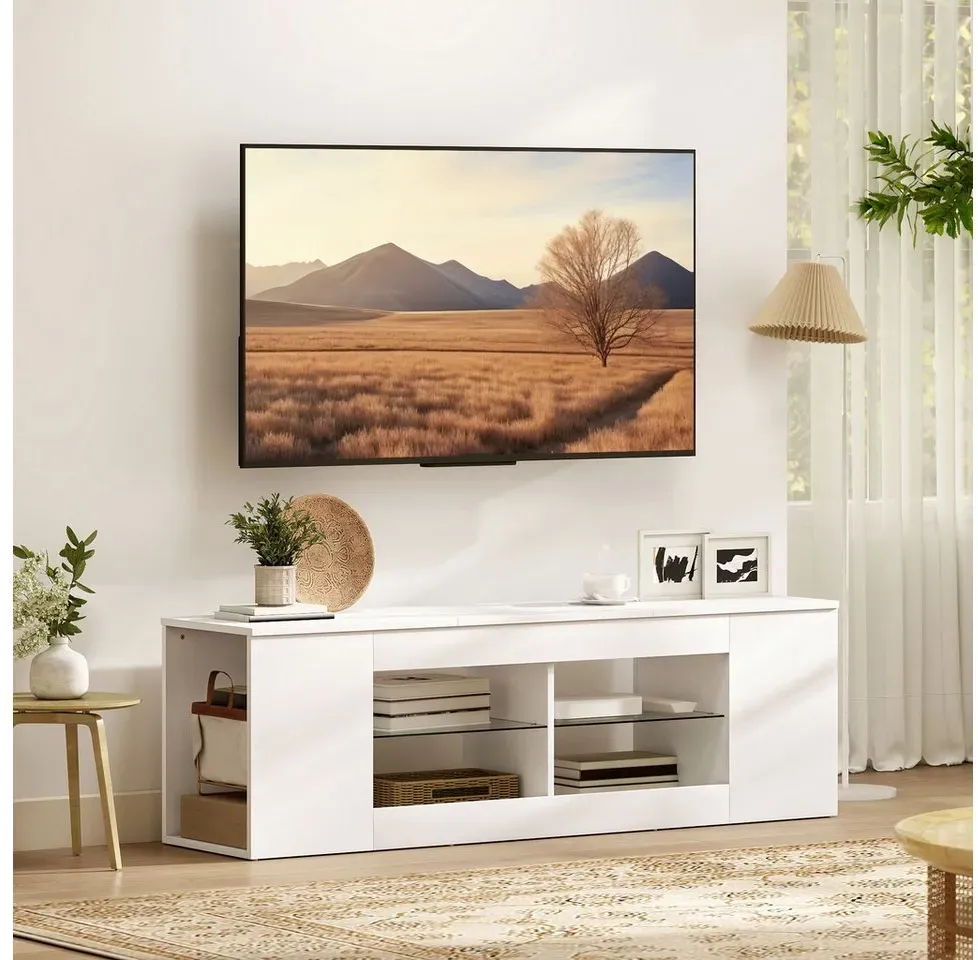TV Schrank Lowboard 140 cm Weiß Glas/Spanplatte/Holzwerkstoff