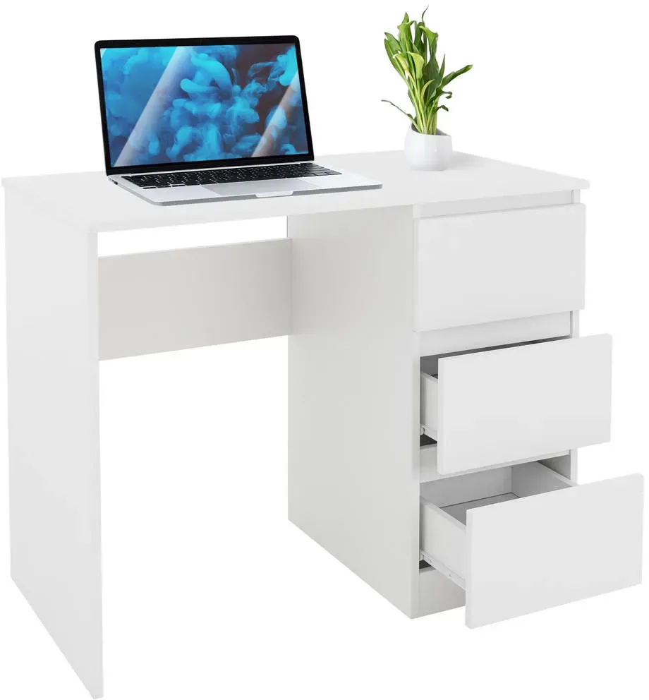 Schreibtisch mit 3 Schubladen, 90x76x50 cm, Weiß matt, viel Stauraum, modern, Arbeitstisch