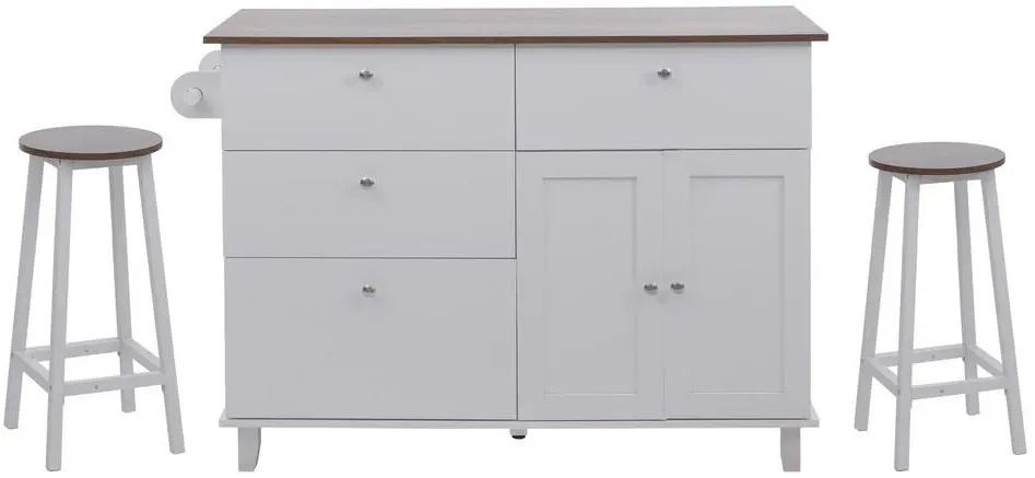 Kücheninsel MCW-P62 mit 2 Sitzhockern, Küchenschrank Schublade Staufächer MDF 90x131x47cm weiß, dunkles Holz