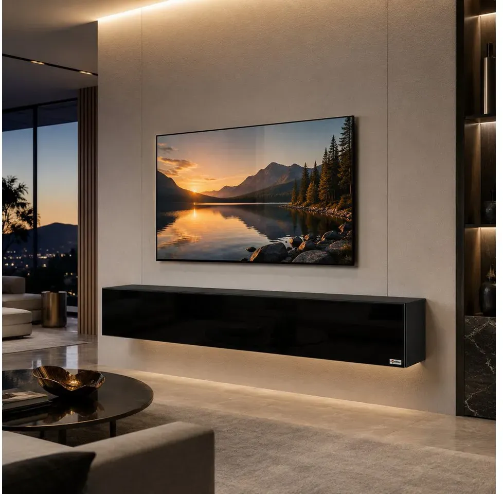 TV Lowboard 30 cm Schwarz Hochglanz Holz, Kunststoff, Metall, MDF
