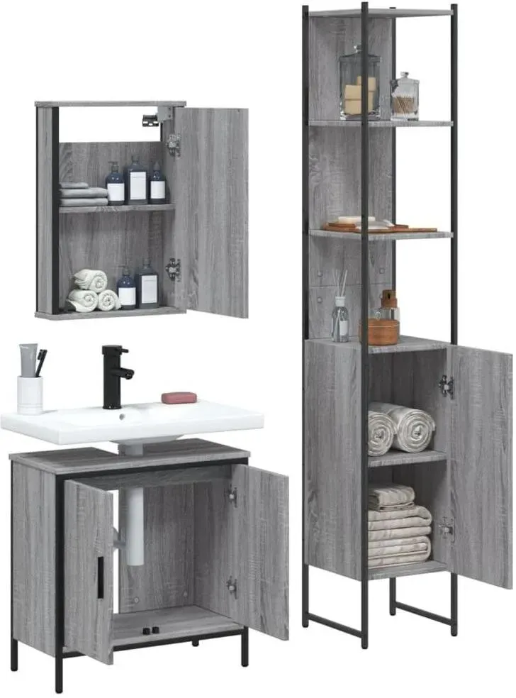 Badmöbel-Set vidaXL 3-tlg. Grau Sonoma