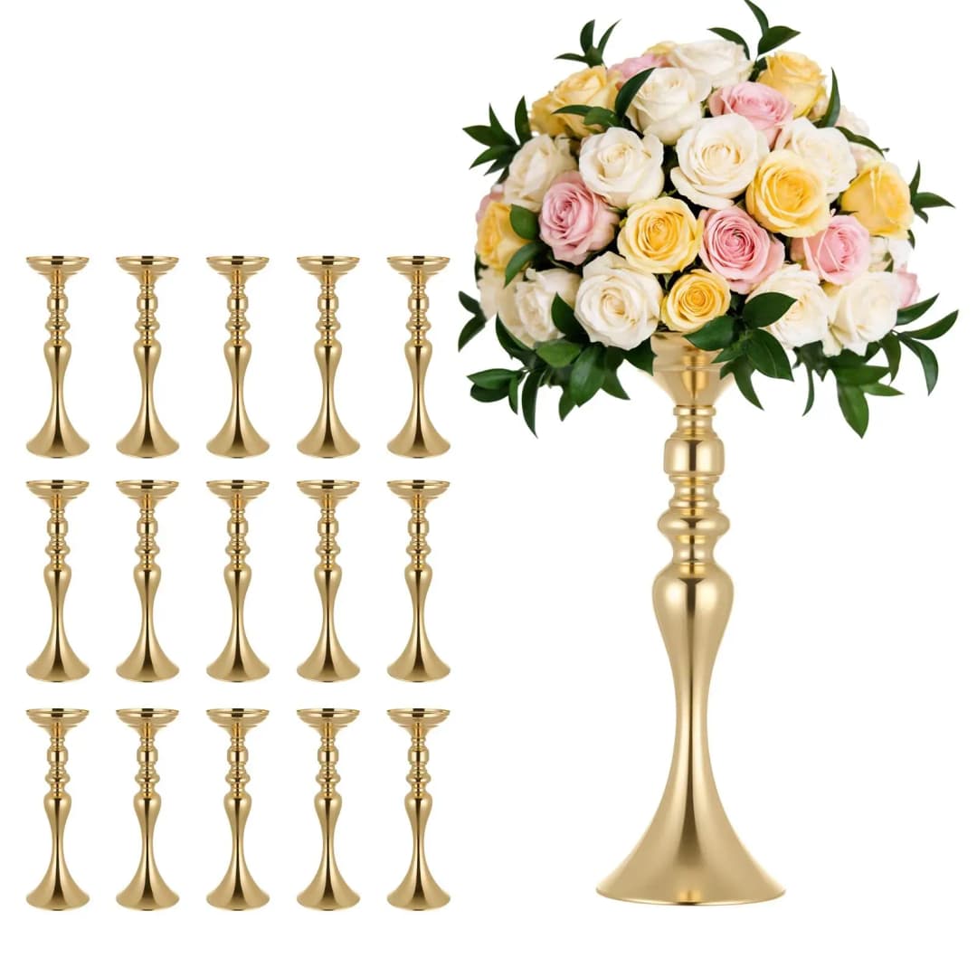 16 Stk. Hochzeitsvasen Tafelaufsatz Blumenvasen für Hochzeit 38 cm Hoch, Metall Tafelaufsatz Vasen mit Blumenständern, Mittelstück Tischvase für Hochzeiten Party Jubiläumsfeier Zeremonie, Gold