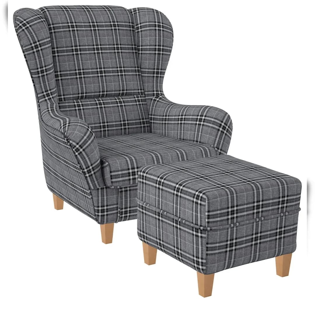 Ohrensessel Sofia Textil 92 x 68 x 95 cm Grau mit Hocker