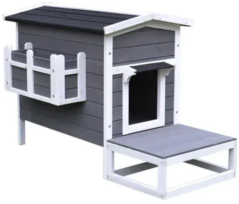Katzenhaus mit Terrasse und Balkon Grau weiß 115 x 66,5 x 74,7 cm + bunt