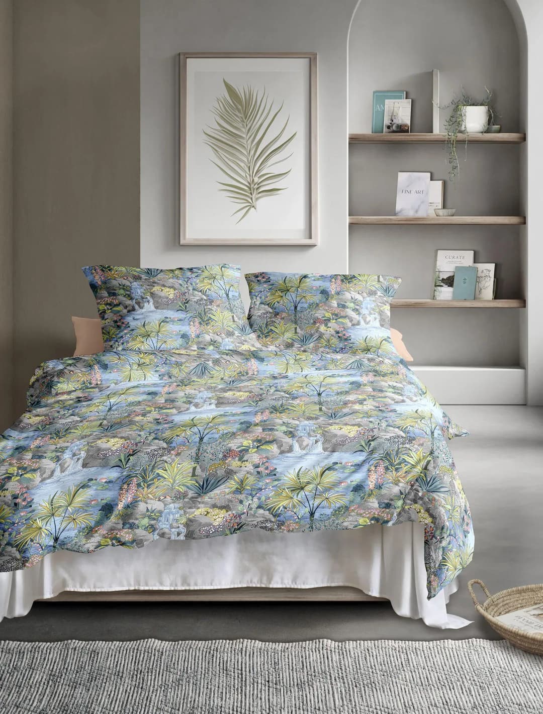 Tokio Motiv Baumwolle Blau 155 x 220 cm + 2 x 80 x 80 cm