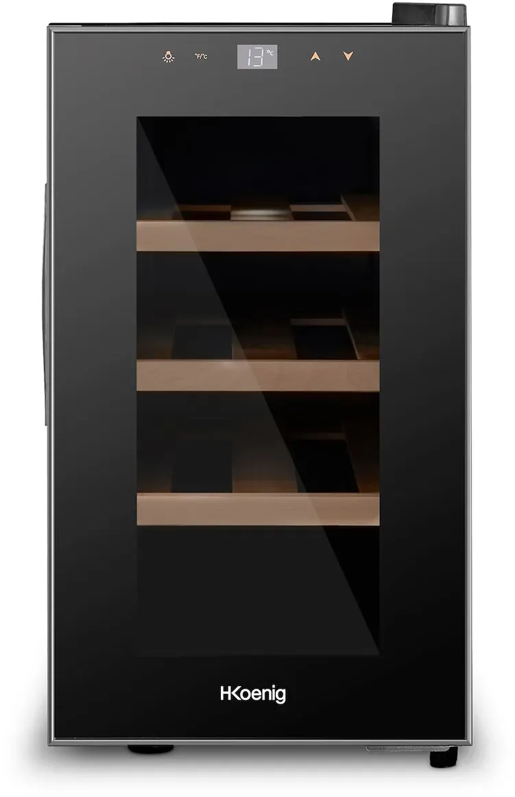 AGE8 Weinkühlschrank / 8 Flaschen/Temperatur von 11°C bis 18°C/LED-Temperaturanzeige/Holzlagerböden, Schwarz