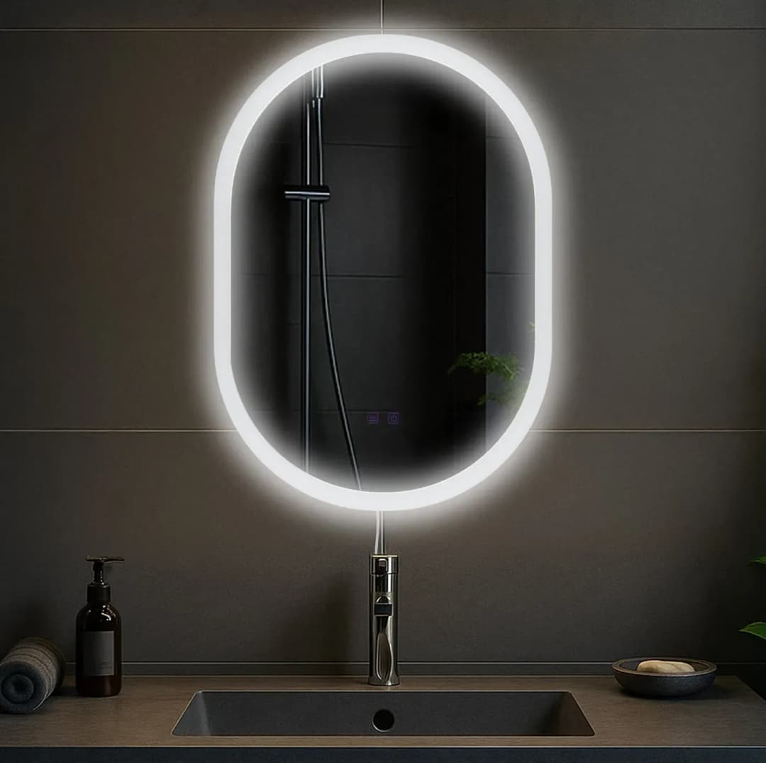 Badspiegel Karishma mit Beleuchtung 70x50 cm, Anti-Beschlag Badezimmerspiegel, Wandspiegel dimmbar, 3 Licht-Modi, mit und ohne Bluetooth