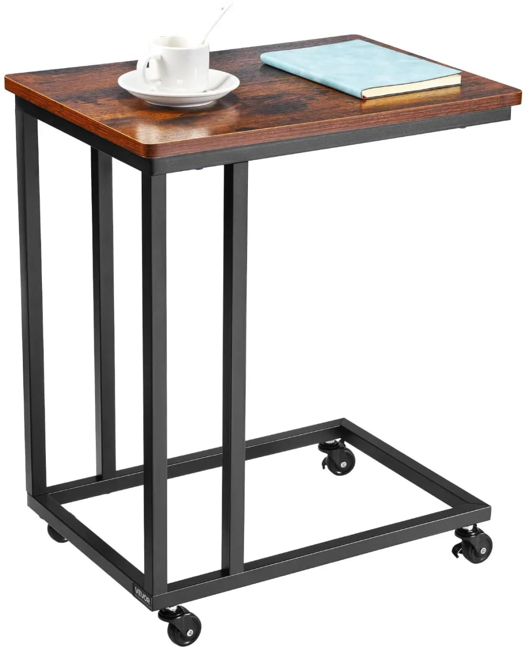 Beistelltisch Kaffeetisch mit Metallrahmen rollbar, C-förmiger Couchtisch für Wohnzimmer Schlafzimmer Büro 500 x 350 x 605 mm TV-Tablett, Wohzimmertisch Sofatisch Braun und Schwarz