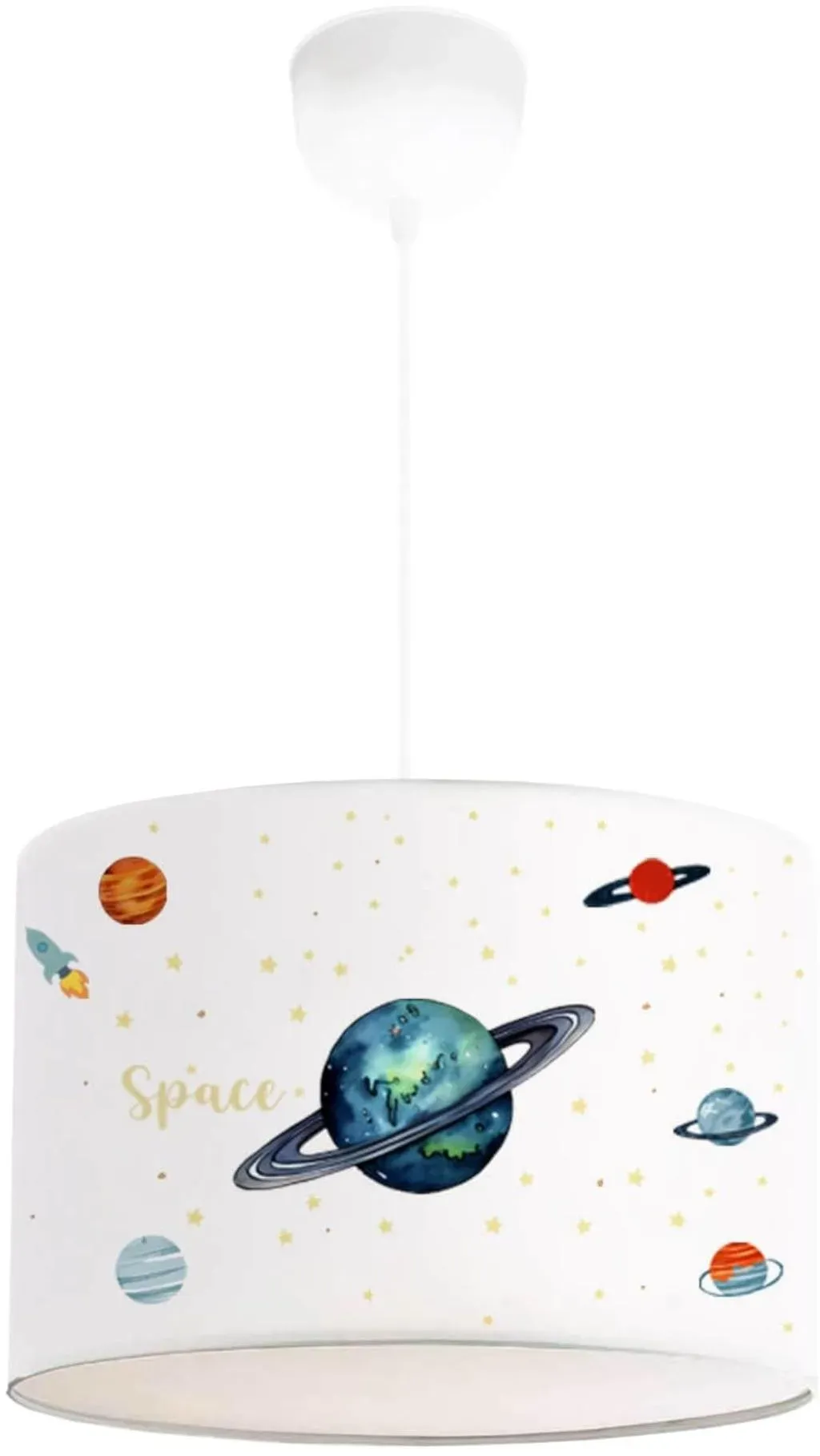 Pendelleuchte, Kinder Hängeleuchte Rugby Weiss mit Planeten-Motiv E27