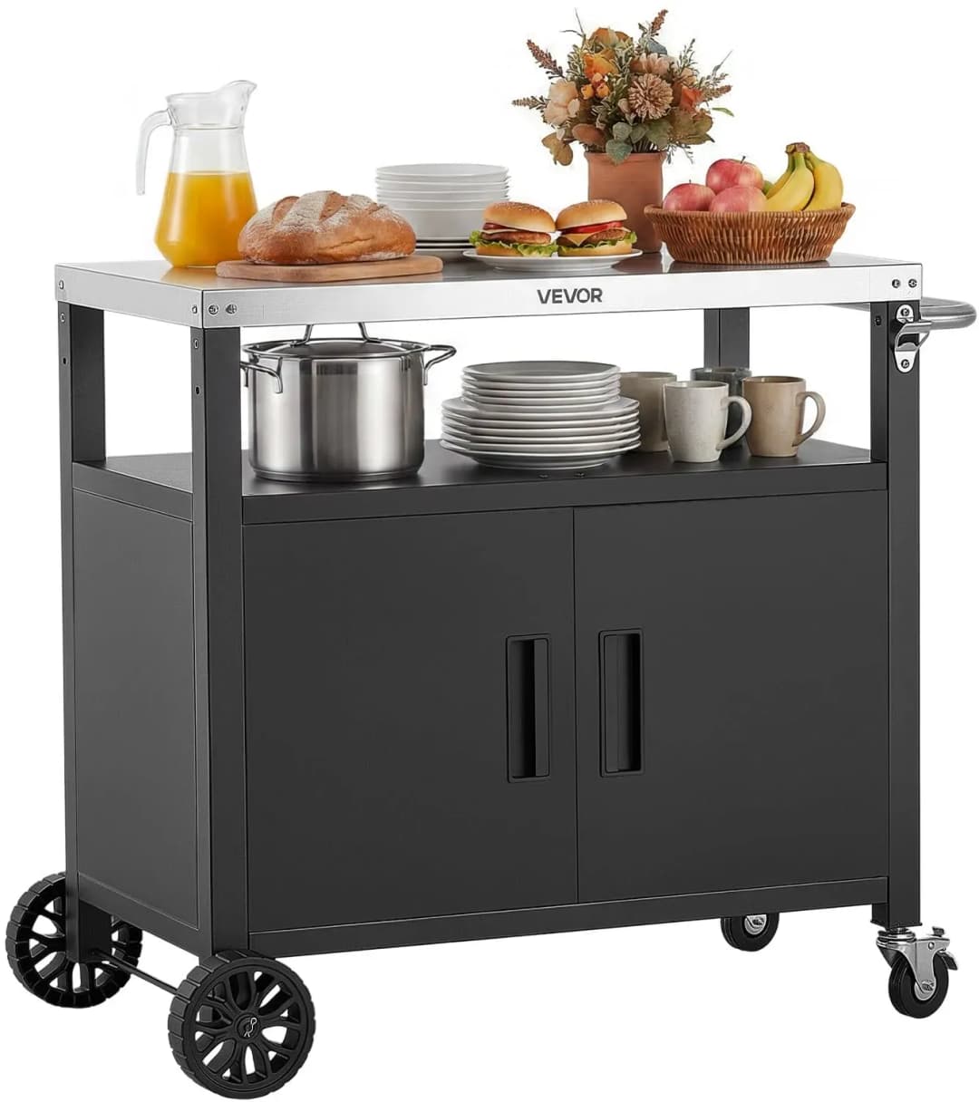 Outdoor-Grillwagen mit Aufbewahrungsschrank, 92 cm Grilltisch mit Edelstahlplatte, Griff, Rollen und Flaschenöffner, Küchenwagen & Servierwagen für Terrasse, Garten, Bar und BBQ-Bereich