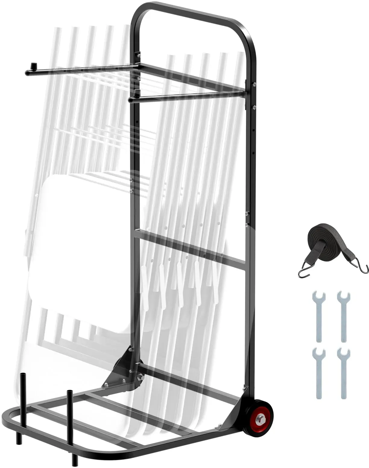 Stuhlkarre, Klappbarer Stuhlständer, 45 kg Tragkraft, robuster Stuhlwagen zum Aufhängen von 10 Stühlen, Stuhlaufbewahrungswagen aus Metall mit Gummirädern, Stuhlhalter zum Schieben, Mattschwarz