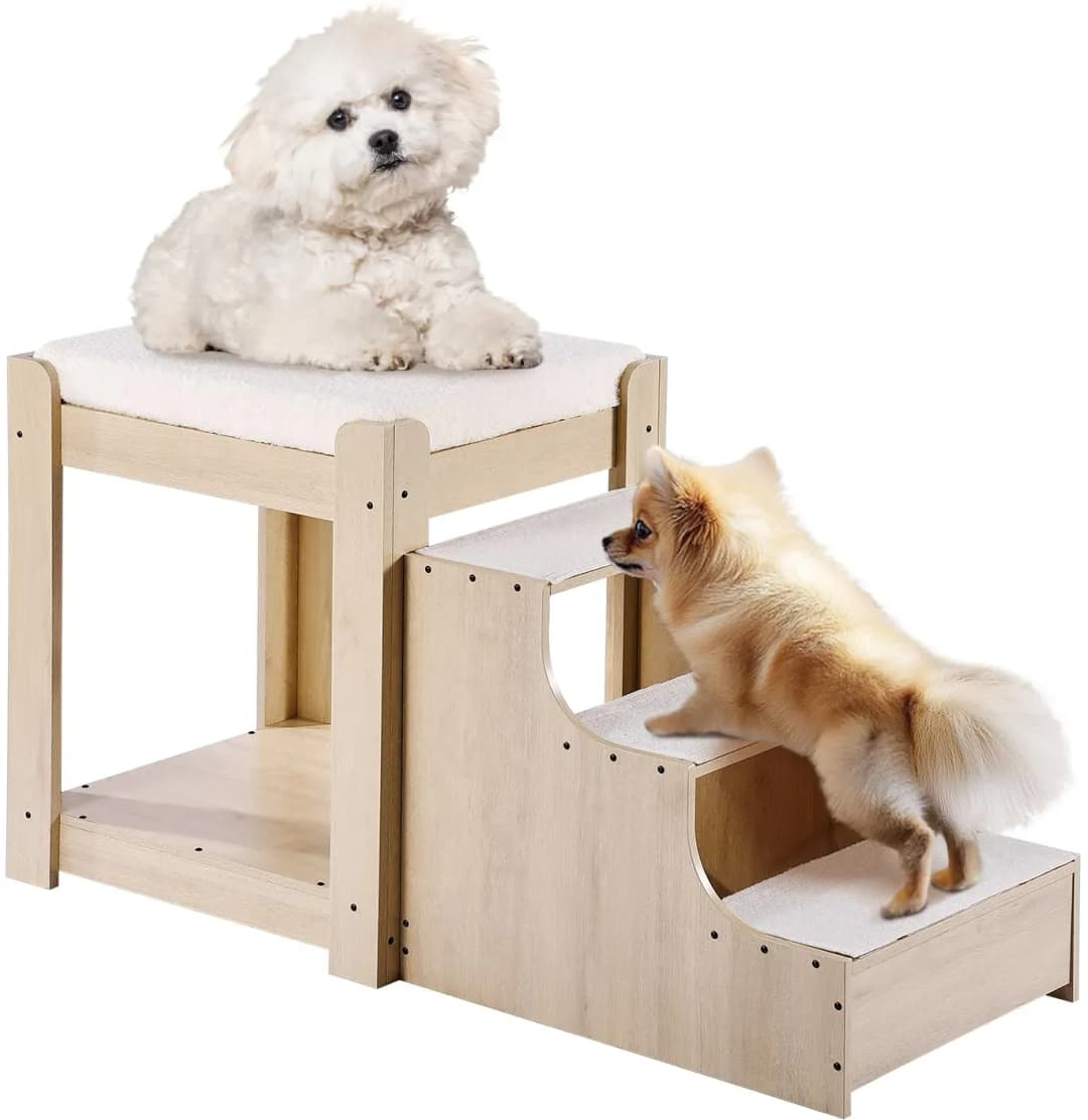 Etagenbett für Haustiere mit Treppe, Fenstersitz für Hunde/Katzen, mehrstufiges Bett, Hundebettschläfer, Lounge-Sitzplattform mit Schaumstoffkissen, Haustierbettcouch 120x50x65cm (Beige)