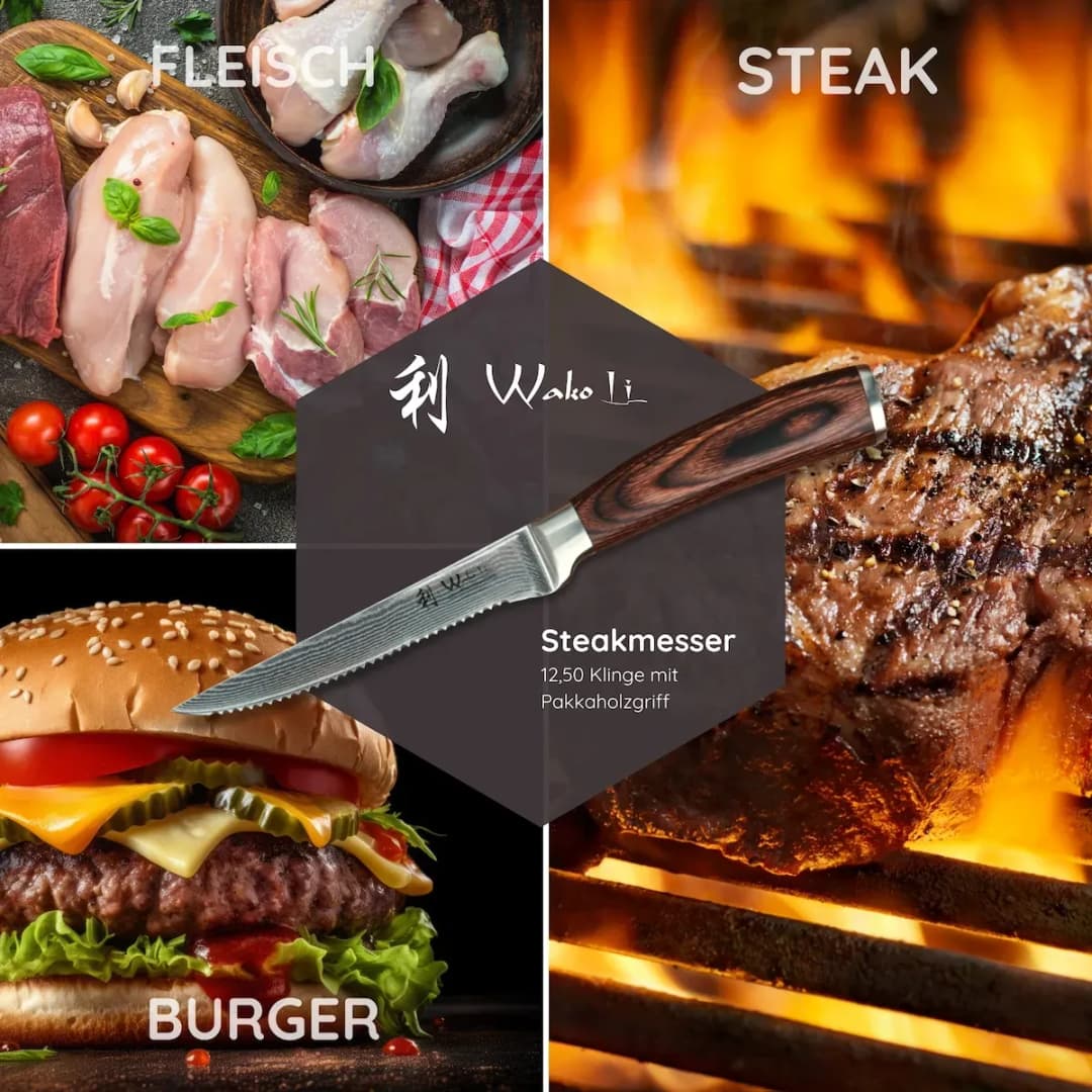 EDIB 4er Damast Steakmesser Set I 12,50cm Klinge I Holzbox. I Pakkaholzgriff