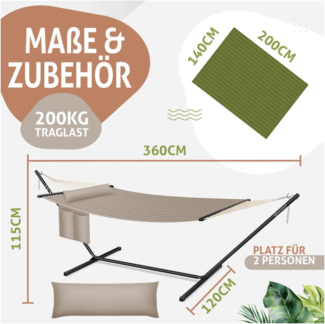 KESSER® Hängematte HILL mit Gestell Kissen Doppelhängematte für 2 Personen-Stabiler Rahmen -200kg Belastbarkeit Indoor & Outdoor XXL Hängesessel Doppel Mehrpersonen Garten Pool Balkon Terrasse