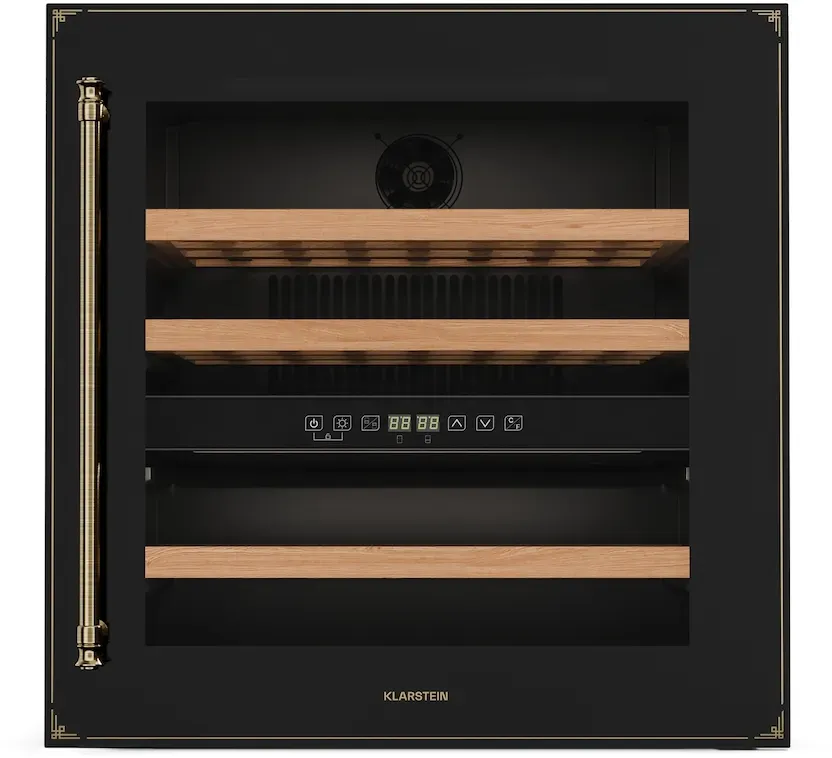 Vinsider Victoria 36 Weinkühlschrank 36 Flaschen Touch UV-Schutz LED leise 3 Regale Schwarz/Antik-Gold-Metallic 36 Flaschen 2 Zonen, 5–22°C, Touch-Bedienung, Einbau, schwarz