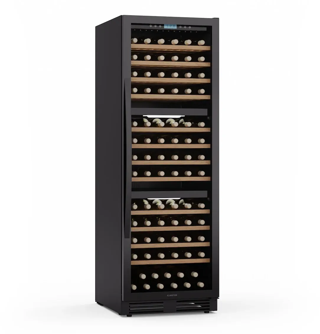 Vinovilla Trio Weinkühlschrank 144 Flaschen 3 Zonen 38 dB 12 Regale Kompressor 413 Liter Schwarz