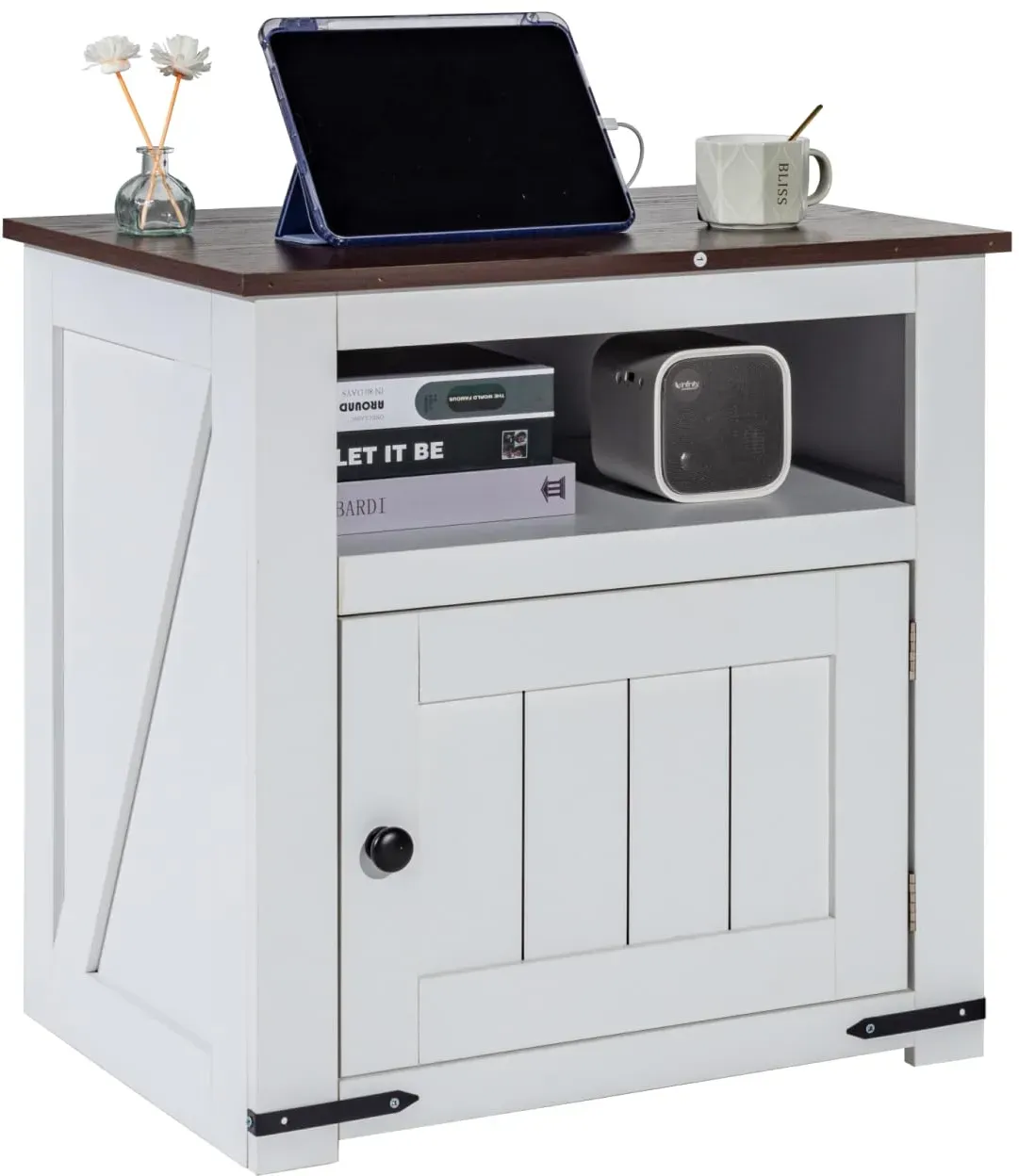 Farmhouse Beistelltisch, quadratischer Nachttisch mit USB-Anschlüssen und Steckdosen, 3-stufiger Beistelltisch mit Aufbewahrungsschrank, ideal für Wohnzimmer Schlafzimmer Büro, weiß