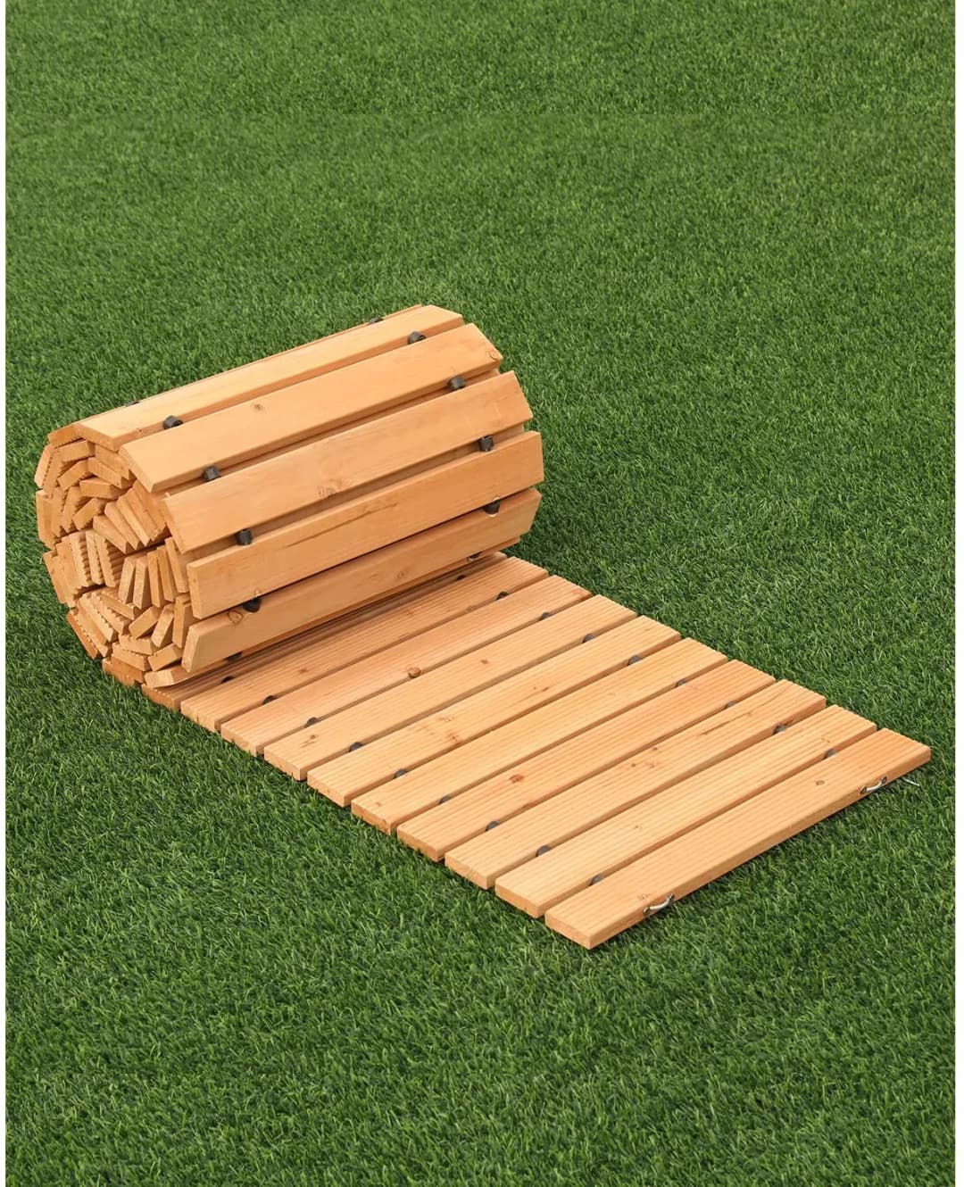Rollweg Gartenweg 368x56 cm, Ausrollbarer Holzweg, Außenweg aus Zedernholz mit Drahtseilverbindung, Gartentritt, Trittplatten, dekorativer Holzweg, Holztritt im Garten, Hinterhof, Terrasse