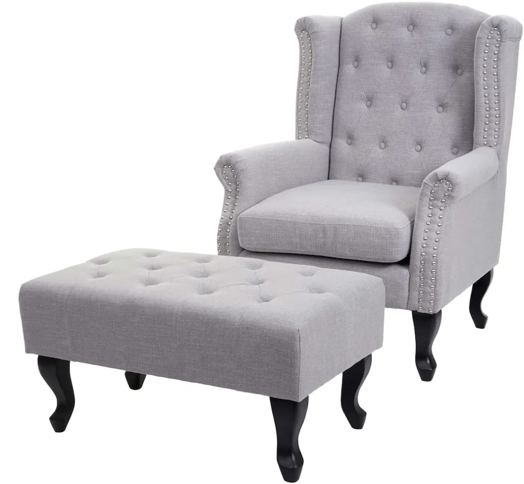 Sessel Chesterfield Stoff/Textil 77 x 102 x 77 cm Grau mit Ottomane