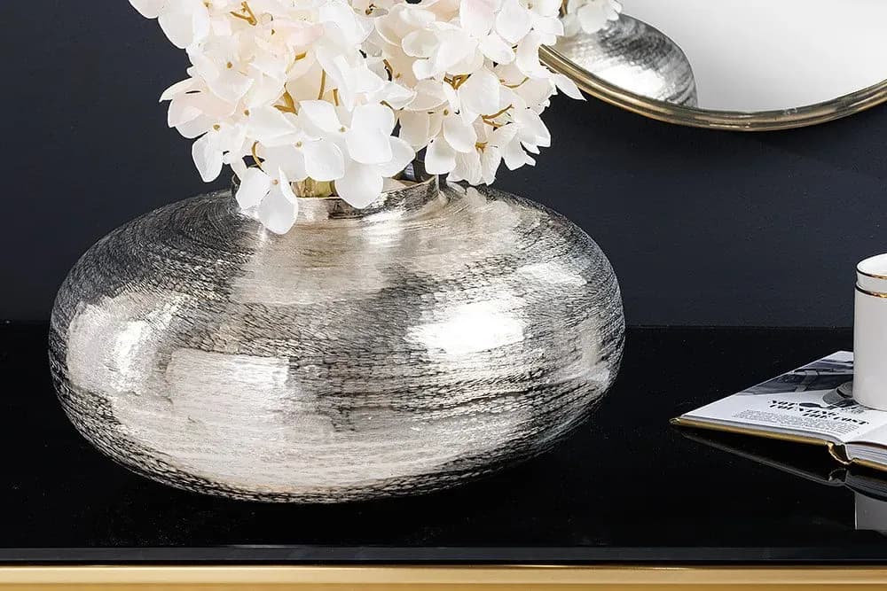 Vase ABSTRACT ORIENT - modern Deko 35cm silber rund Metall Hammerschlag-Design