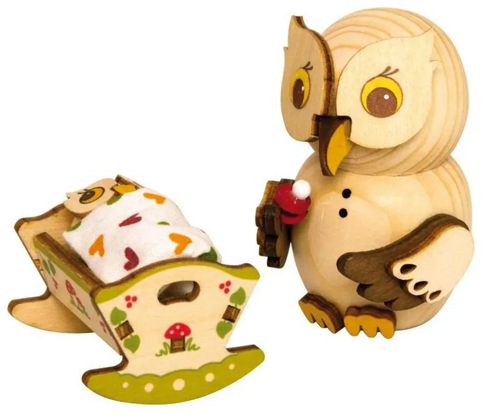 Weihnachtsdeko, Mini Eule mit Babywiege - ca. 7cm - Made in Germany
