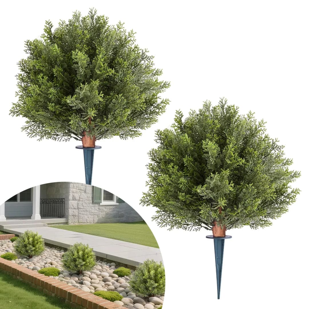 Künstliche Formschnitt-Zypressen mit Erdspieß, 2er-Set 406 mm Kunstpflanze, Dekopflanze, für Dekoration, Veranda, Außen- & Innenbereich, Terrasse, Garten, Balkon, Hinterhof