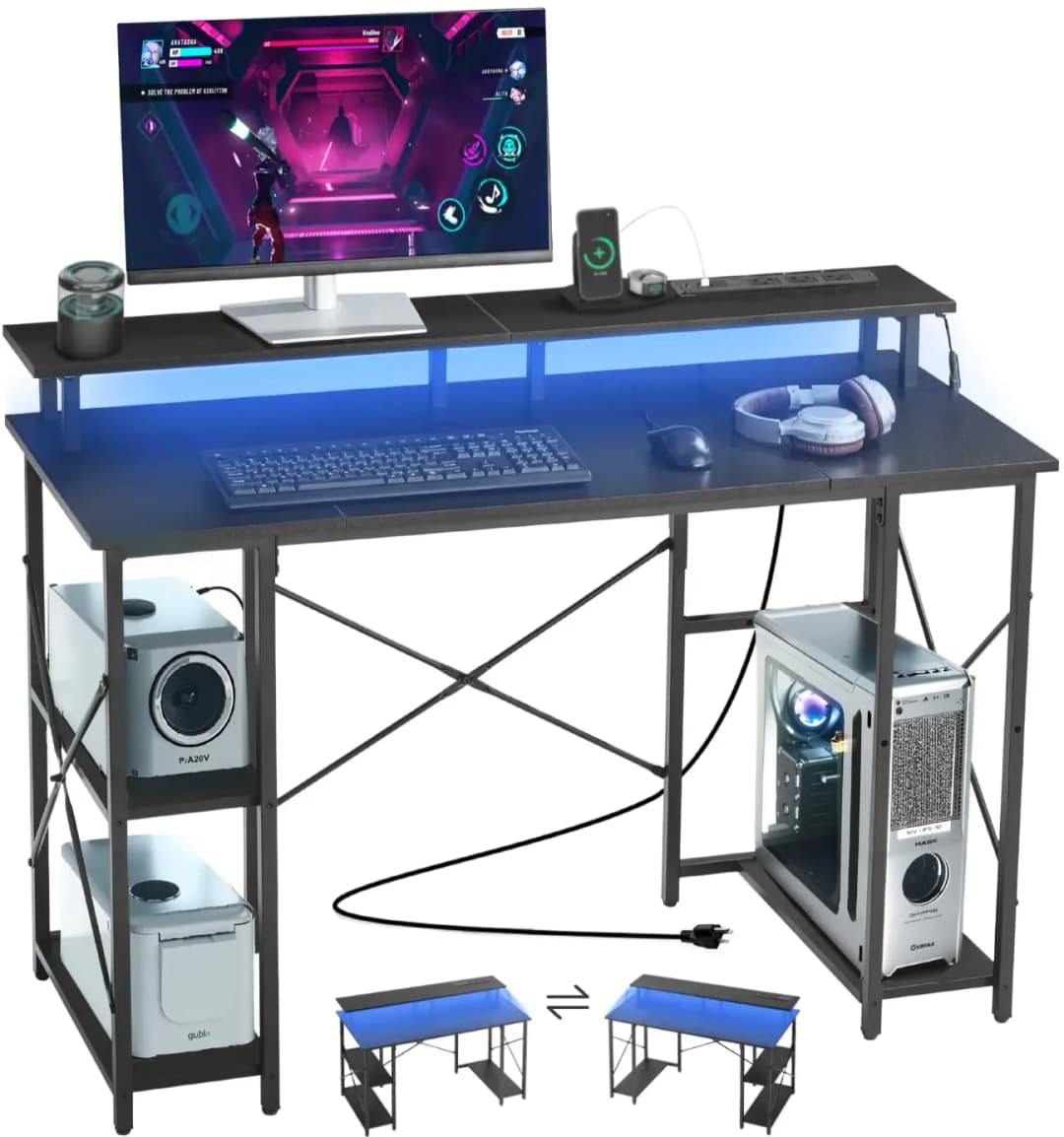 Computertisch Bürotisch Schreibtisch mit intelligenten LED-Leuchten & Steckdosen, Arbeitstisch mit Monitorständer & 2-stufigen Lagerregalen, Arbeitszimmer Wohnzimmer Homeoffice Schwarz