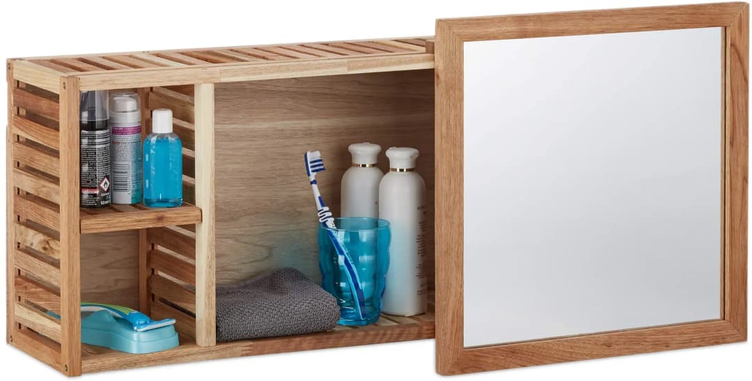 Wandregal mit Spiegel, Walnuss, verschiebbarer Spiegel, geöltes Holz, 80 cm breit, besonders fürs Badezimmer, natur,