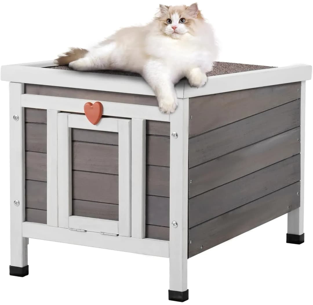 Katzenhaus für draußen, wetterfest, Unterschlupf für Wildkatzen für mehrere Katzen, Katzen-/Kaninchenhaus aus Holz für draußen mit PVC-Türklappen und offenem Dach, 21"L x 17"B x 17"H