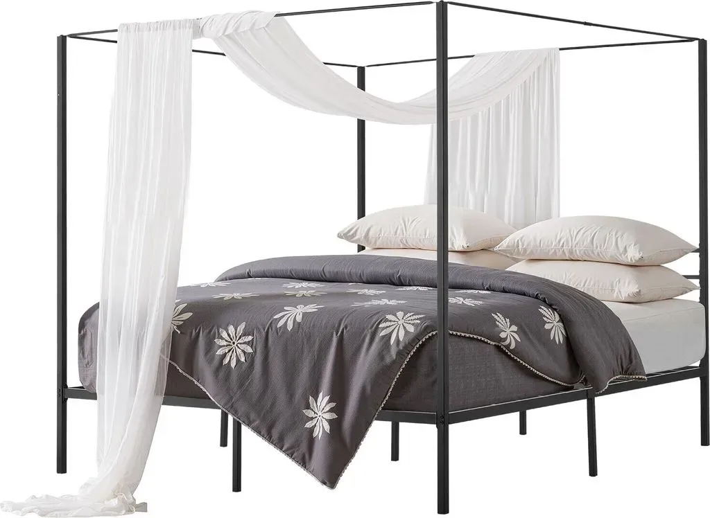 Himmelbettrahmen (Kingsize), Metallhimmelbett (363 kg belastbar) mit Himmelbett-Design, robuste Stahllattenstütze, Stauraum unter dem Bett, kein Boxspring erforderlich, Netzrahmen Schwarz