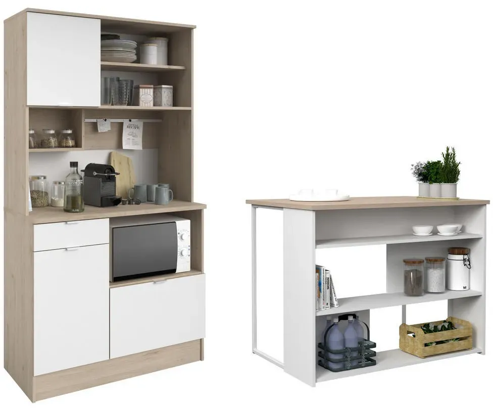 Küchenbuffet SoCool 2-St Eiche Dekor und Weiß mit Kücheninsel Beige